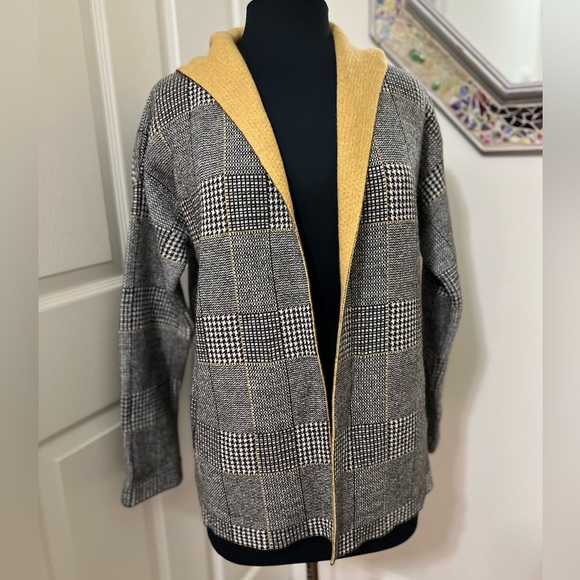 Bartolini Cashmere/Wool Blend Plaid Open Front Hooded Cardigan Sweater - Picture 1 of 14